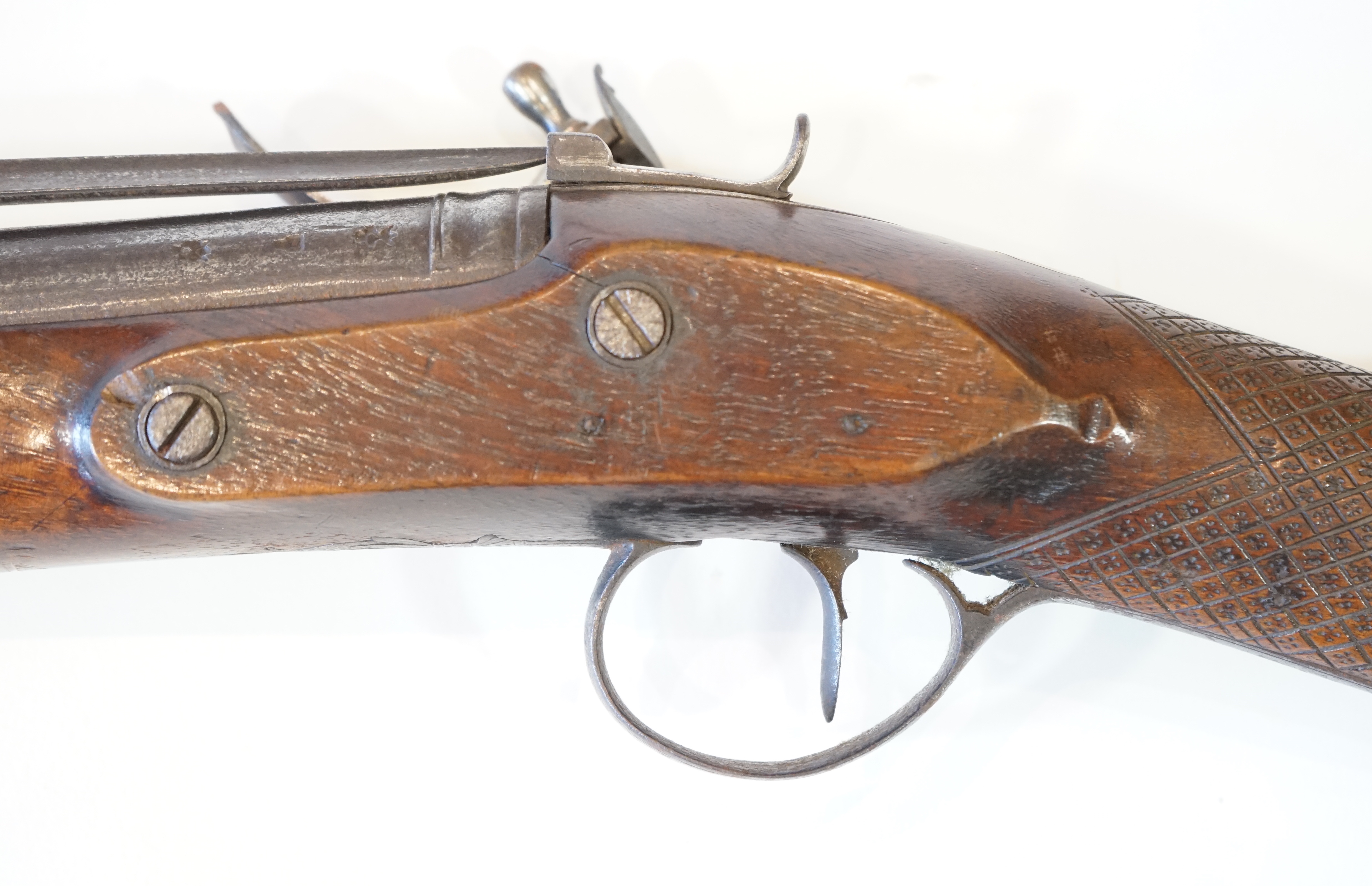 An iron barrelled flintlock blunderbuss by Goodwin of London, fitted with a top spring bayonet